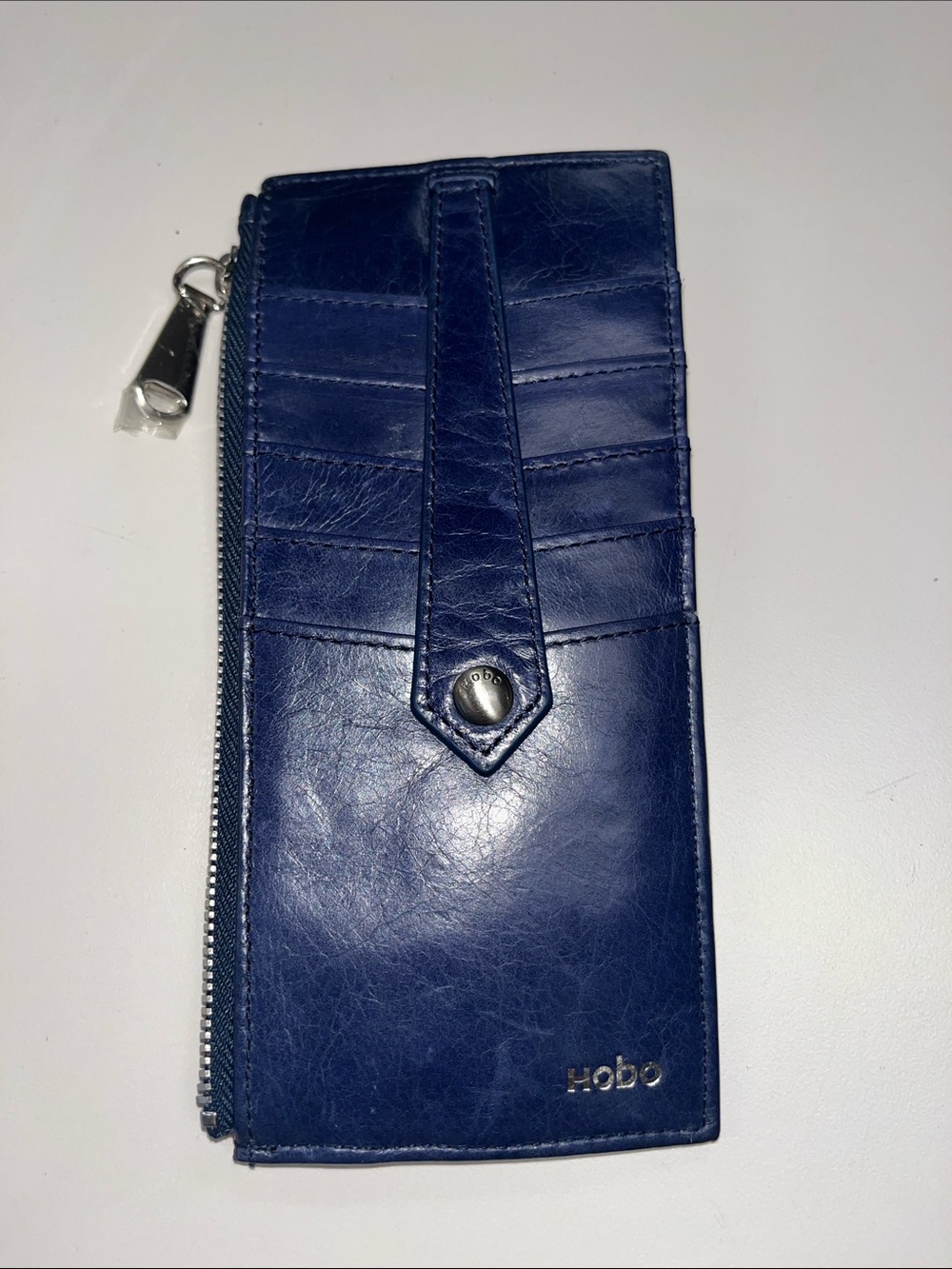 HOBO Deep Blue Leather Zip Card Holder with Snap Strap